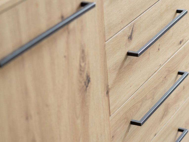 Credenza Marrone Rovere Nodi Nero 4 Cassetti 2 Ripiani 159x42x95h cm, Apertura Battente e Scorrevole - Ceredano