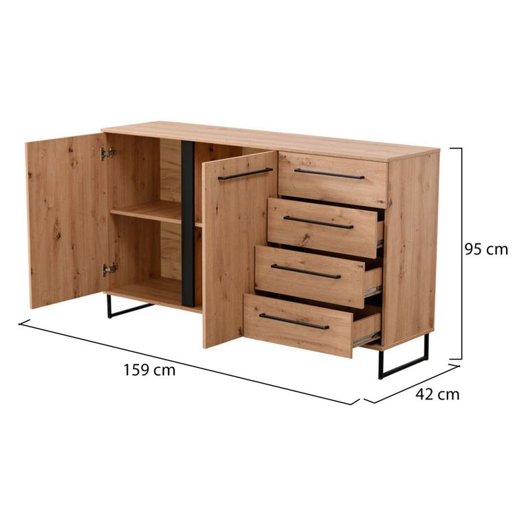 Credenza Marrone Rovere Nodi Nero 4 Cassetti 2 Ripiani 159x42x95h cm, Apertura Battente e Scorrevole - Ceredano