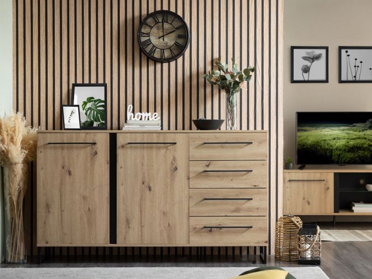 Credenza Marrone Rovere Nodi Nero 4 Cassetti 2 Ripiani 159x42x95h cm, Apertura Battente e Scorrevole - Ceredano