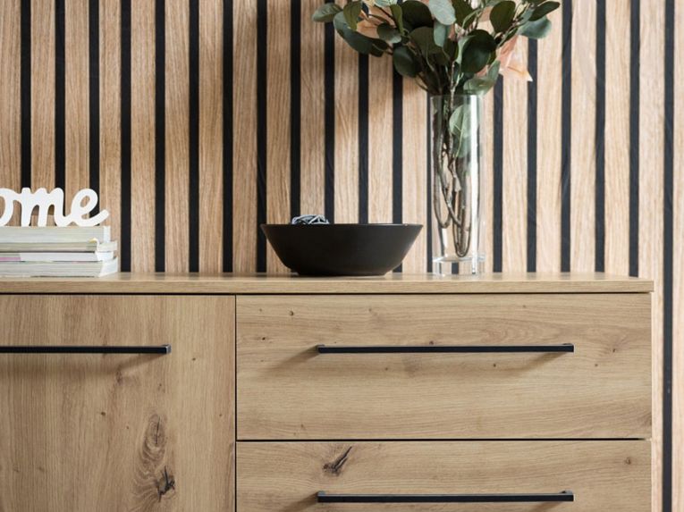 Credenza Marrone Rovere Nodi Nero 4 Cassetti 2 Ripiani 159x42x95h cm, Apertura Battente e Scorrevole - Ceredano