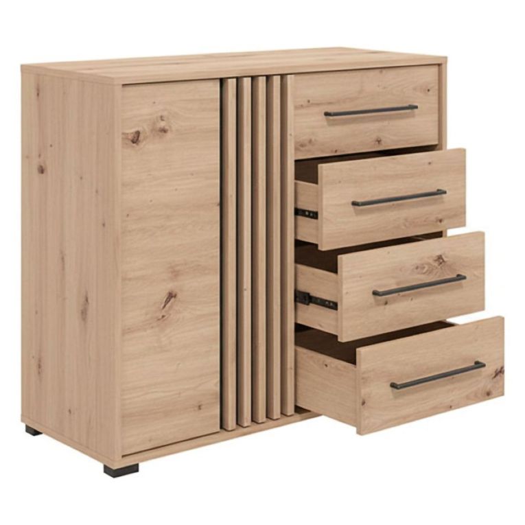 Credenza Marrone Rovere Nodi Nero 4 Cassetti un Ripiano 93x40x82h cm, Apertura Battente e Scorrevole - Boscone