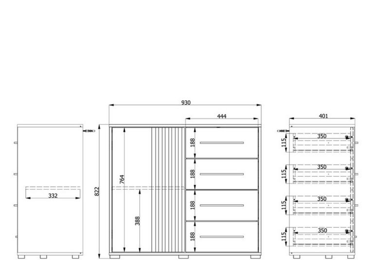 Credenza Marrone Rovere Nodi Nero 4 Cassetti un Ripiano 93x40x82h cm, Apertura Battente e Scorrevole - Boscone