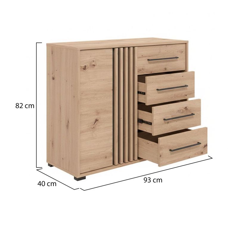 Credenza Marrone Rovere Nodi Nero 4 Cassetti un Ripiano 93x40x82h cm, Apertura Battente e Scorrevole - Boscone