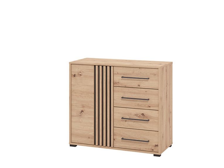 Credenza Marrone Rovere Nodi Nero 4 Cassetti un Ripiano 93x40x82h cm, Apertura Battente e Scorrevole - Boscone