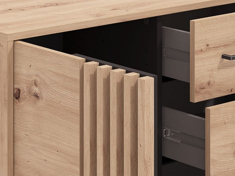 Credenza Marrone Rovere Nodi Nero 4 Cassetti un Ripiano 93x40x82h cm, Apertura Battente e Scorrevole - Boscone