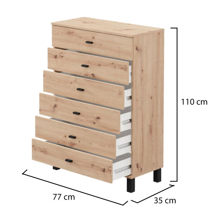 Credenza Marrone Rovere Nodi Nero 6 Cassetti un Ripiano 77x35x110h cm, 6 Vani - Otaval