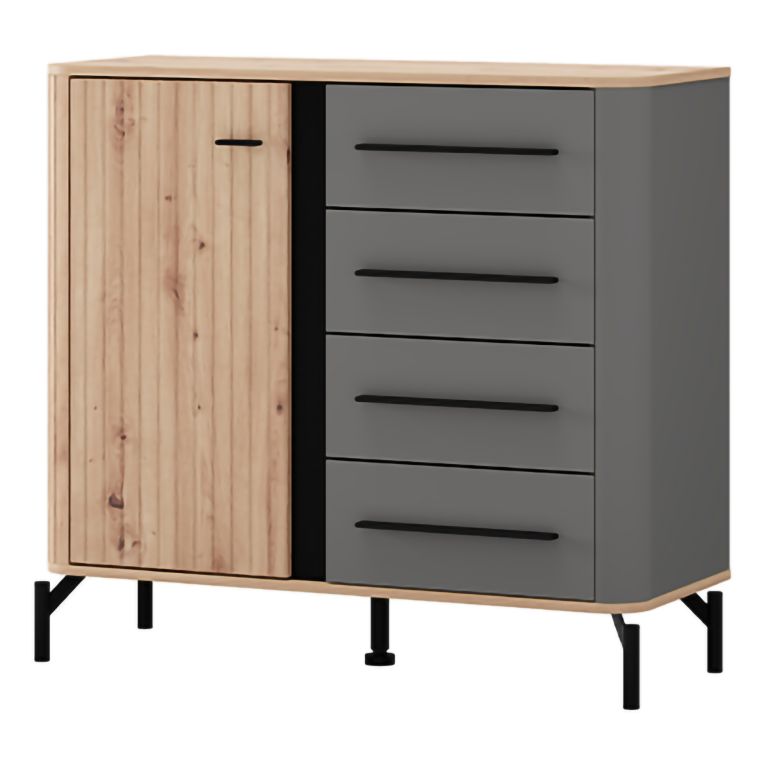 Credenza Marrone Rovere Nodi Nero Antracite 2 Ripiani 4 Cassetti 103x40x94h cm, Un'anta - Carmel