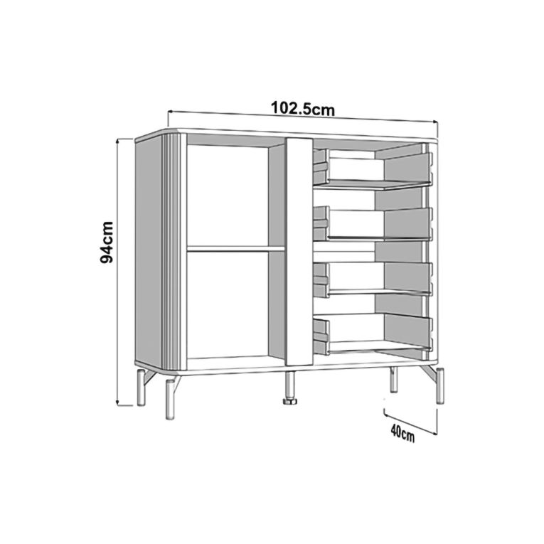 Credenza Marrone Rovere Nodi Nero Antracite 2 Ripiani 4 Cassetti 103x40x94h cm, Un'anta - Carmel