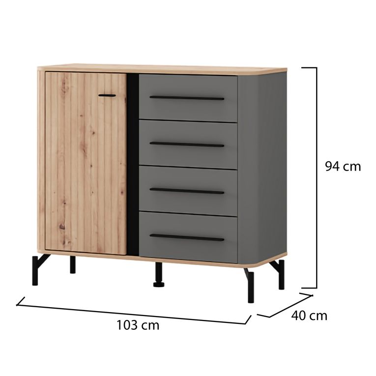 Credenza Marrone Rovere Nodi Nero Antracite 2 Ripiani 4 Cassetti 103x40x94h cm, Un'anta - Carmel