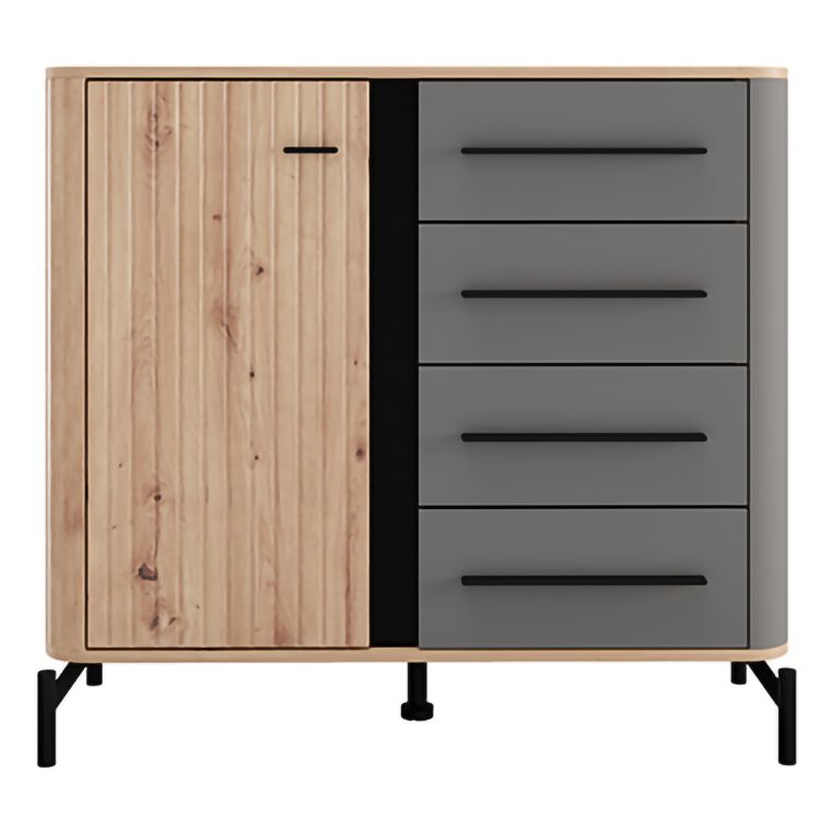 Credenza Marrone Rovere Nodi Nero Antracite 2 Ripiani 4 Cassetti 103x40x94h cm, Un'anta - Carmel