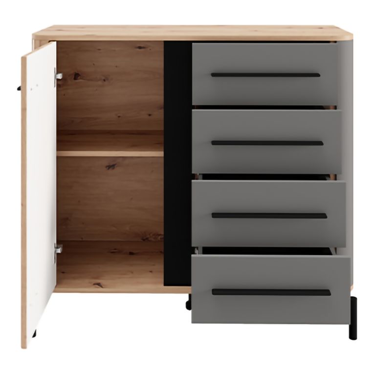 Credenza Marrone Rovere Nodi Nero Antracite 2 Ripiani 4 Cassetti 103x40x94h cm, Un'anta - Carmel
