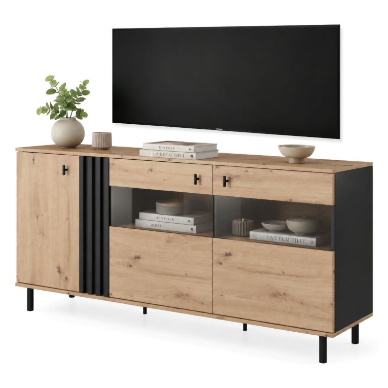 Credenza Marrone Rovere Nodi Nero Antracite 3 Ripiani Apertura Battente 165x40x82h cm, 3 Ante - Hare