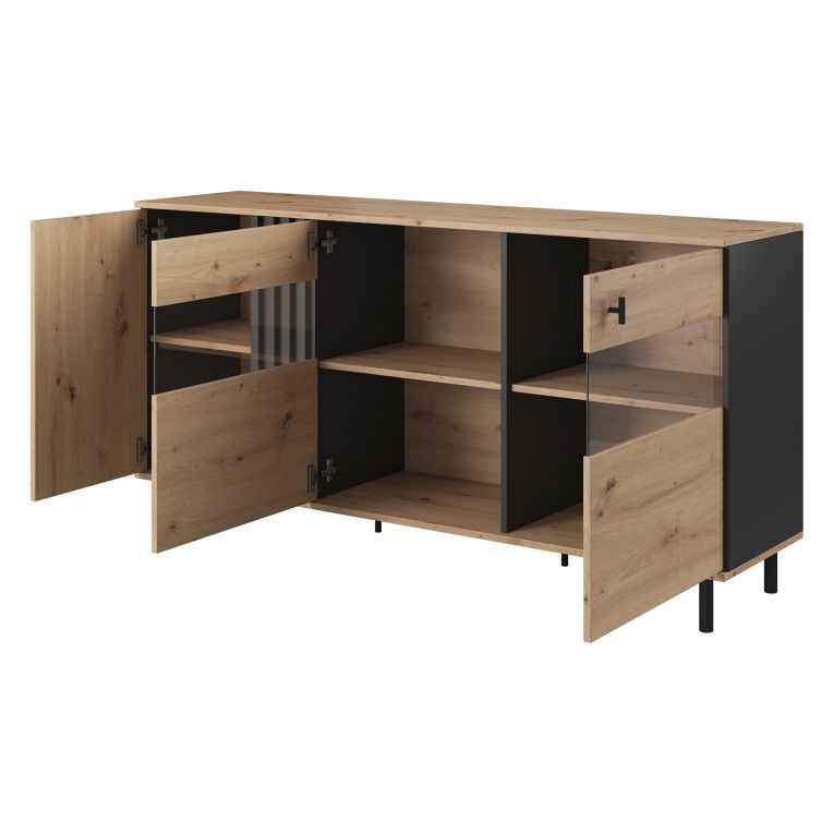 Credenza Marrone Rovere Nodi Nero Antracite 3 Ripiani Apertura Battente 165x40x82h cm, 3 Ante - Hare