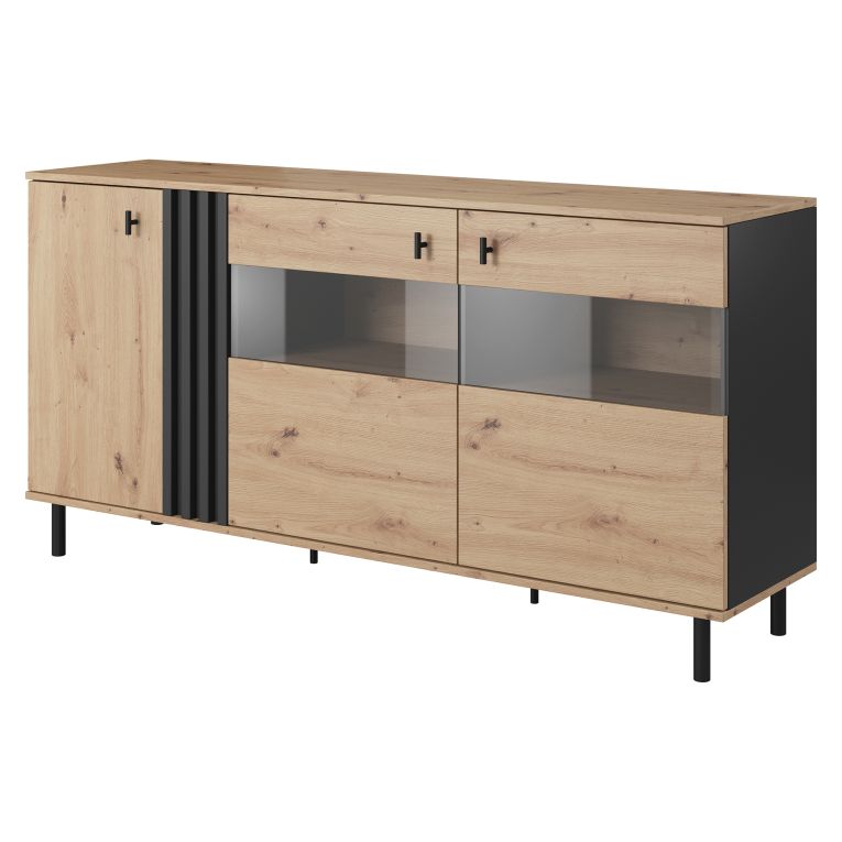 Credenza Marrone Rovere Nodi Nero Antracite 3 Ripiani Apertura Battente 165x40x82h cm, 3 Ante - Hare