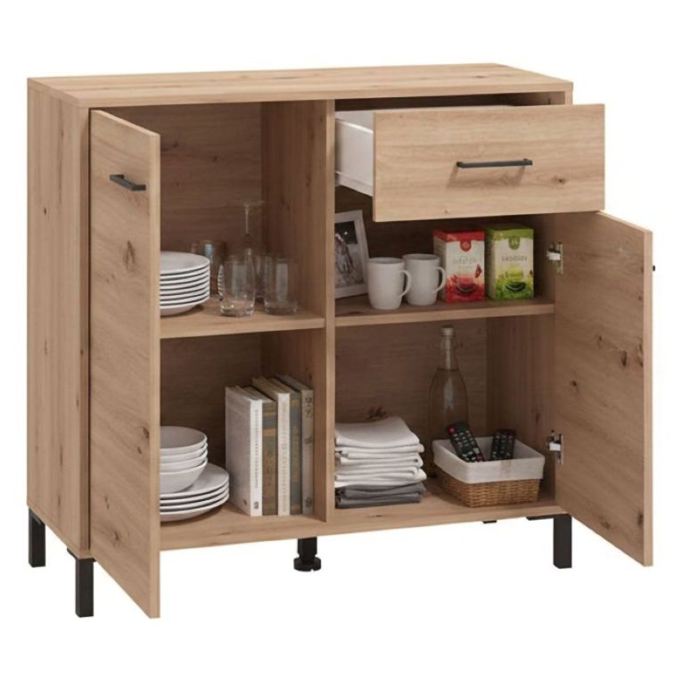 Credenza Marrone Rovere Nodi Nero un Cassetto 2 Ripiani 93x40x90h cm, Apertura Battente, Scorrevole - Laerruu