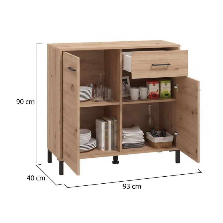 Credenza Marrone Rovere Nodi Nero un Cassetto 2 Ripiani 93x40x90h cm, Apertura Battente, Scorrevole - Laerruu