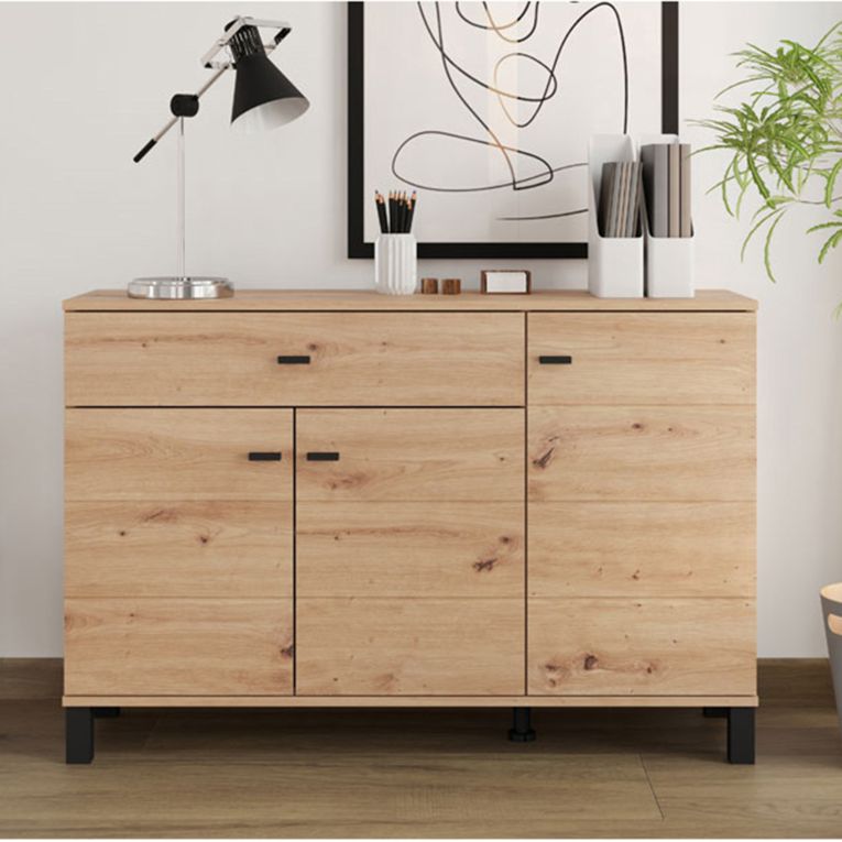 Credenza Marrone Rovere Nodi Nero un Cassetto 3 Ripiani 116x35x78h cm, Apertura Battente, Scorrevole - Uyuni