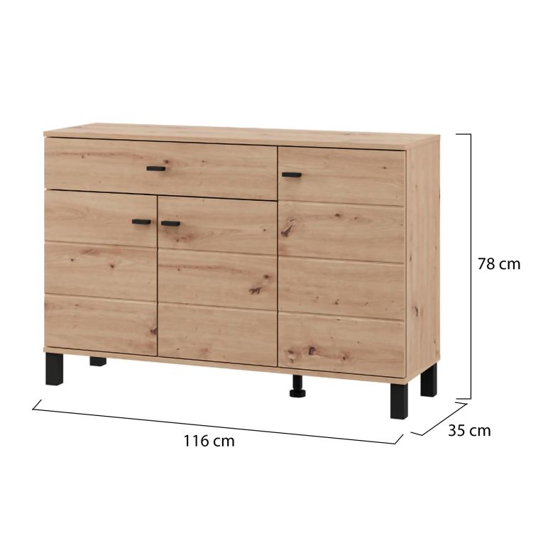Credenza Marrone Rovere Nodi Nero un Cassetto 3 Ripiani 116x35x78h cm, Apertura Battente, Scorrevole - Uyuni