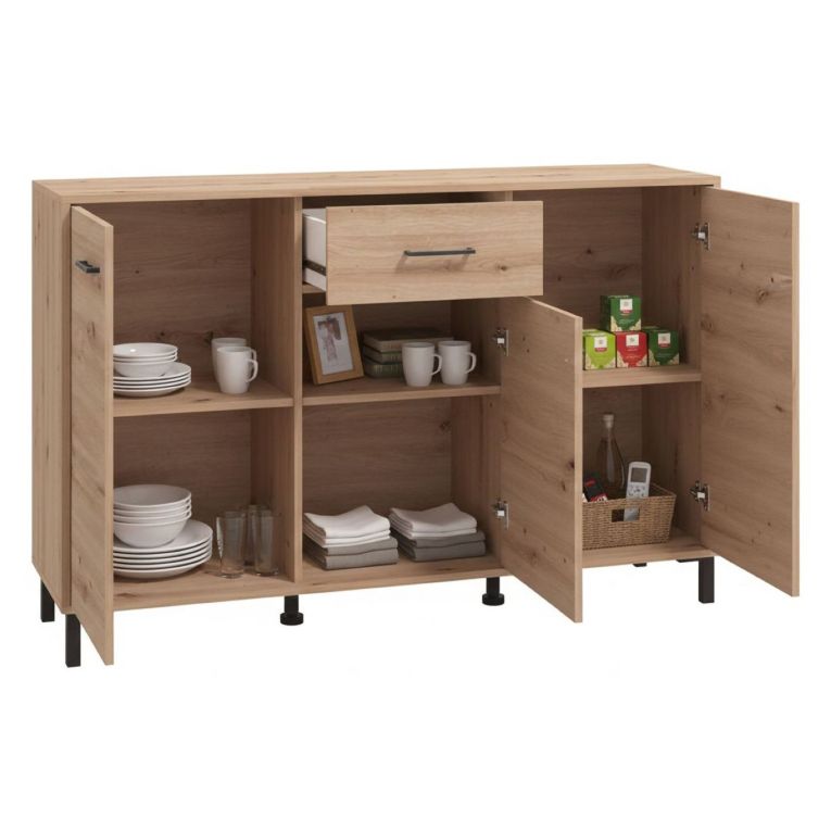 Credenza Marrone Rovere Nodi Nero un Cassetto 3 Ripiani 138x40x90h cm, Apertura Battente e Scorrevole - Laerru
