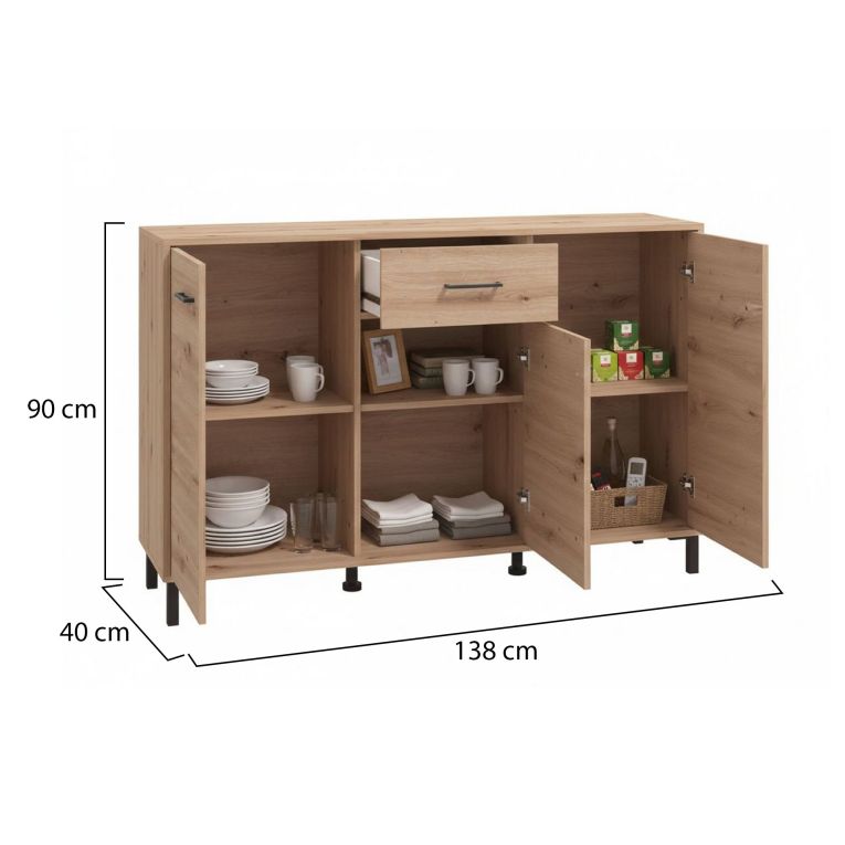 Credenza Marrone Rovere Nodi Nero un Cassetto 3 Ripiani 138x40x90h cm, Apertura Battente e Scorrevole - Laerru