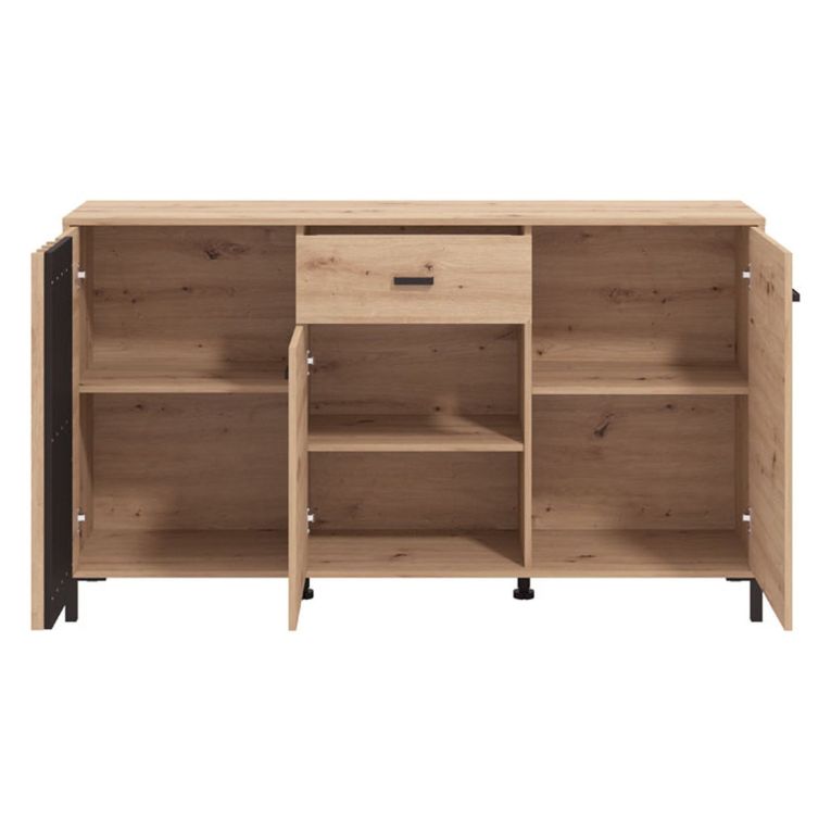 Credenza Marrone Rovere Nodi Nero un Cassetto 3 Ripiani 157x40x90h cm, Apertura Battente e Scorrevole - Guanzate