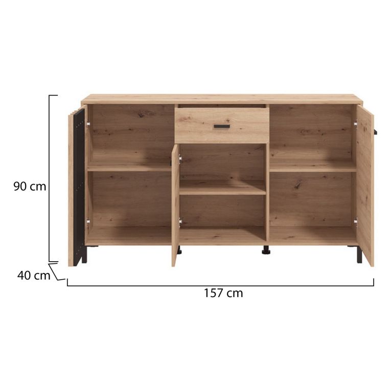 Credenza Marrone Rovere Nodi Nero un Cassetto 3 Ripiani 157x40x90h cm, Apertura Battente e Scorrevole - Guanzate