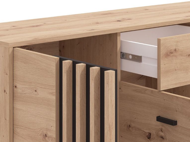 Credenza Marrone Rovere Nodi Nero un Cassetto 3 Ripiani 157x40x90h cm, Apertura Battente e Scorrevole - Guanzate