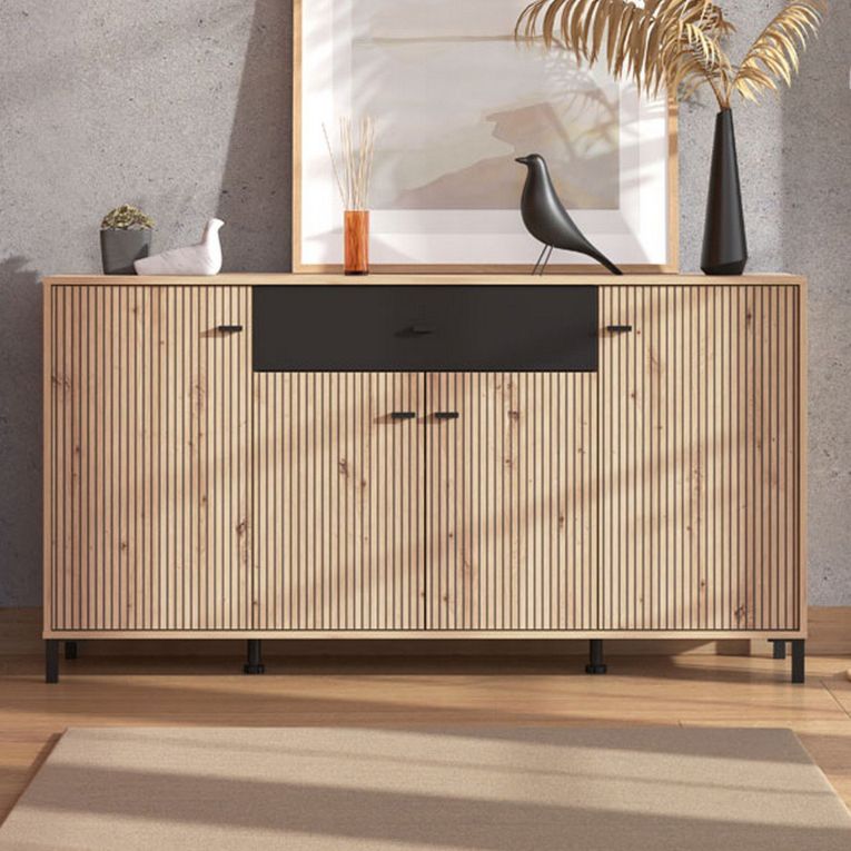 Credenza Marrone Rovere Nodi Nero un Cassetto 3 Ripiani 170x40x90h cm, Apertura Battente e Scorrevole - Settime