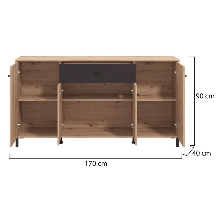 Credenza Marrone Rovere Nodi Nero un Cassetto 3 Ripiani 170x40x90h cm, Apertura Battente e Scorrevole - Settime