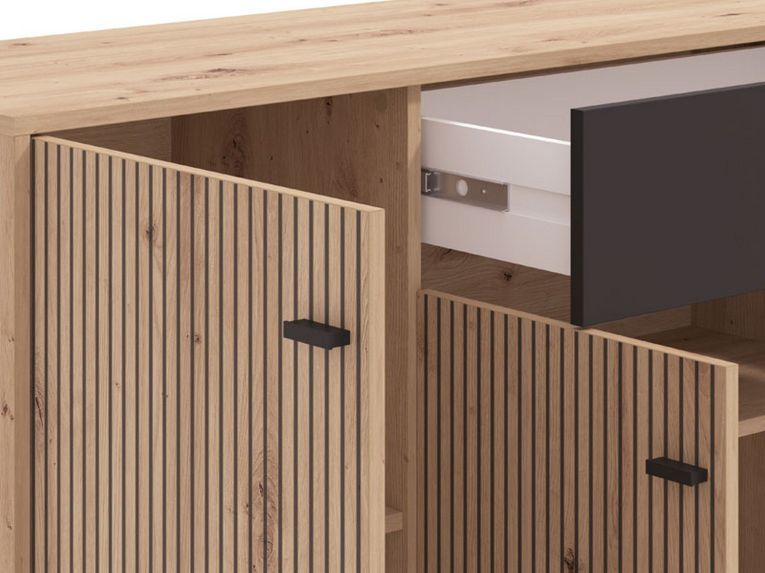 Credenza Marrone Rovere Nodi Nero un Cassetto 3 Ripiani 170x40x90h cm, Apertura Battente e Scorrevole - Settime