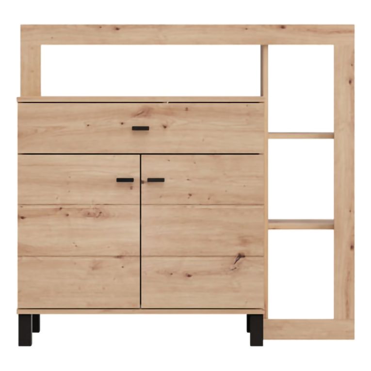 Credenza Marrone Rovere Nodi Nero un Cassetto 4 Ripiani 106x35x101h cm, Apertura Battente, Scorrevole - Banos
