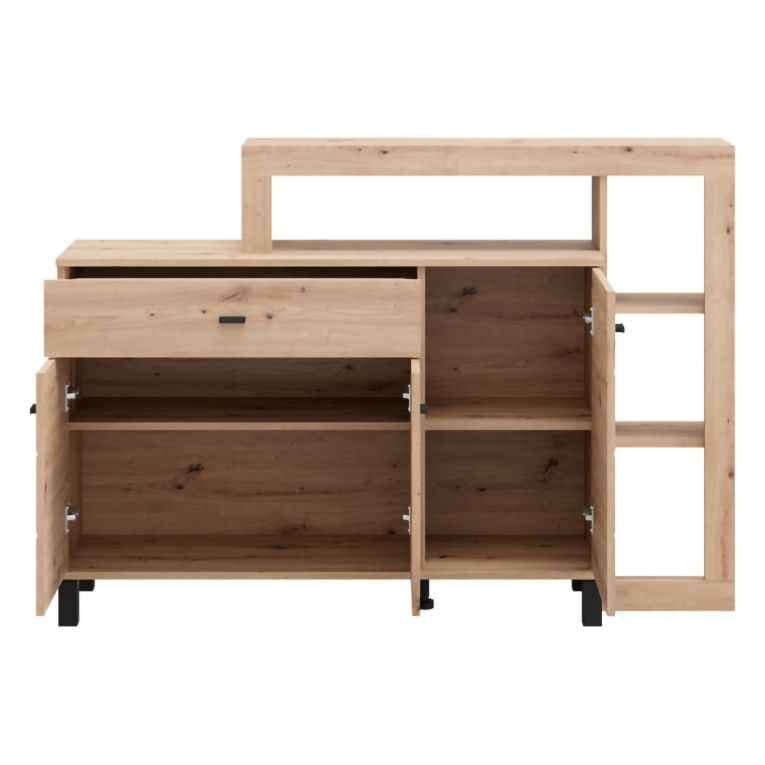 Credenza Marrone Rovere Nodi Nero un Cassetto 5 Ripiani 145x35x101h cm, Apertura Battente, Scorrevole - Piriap