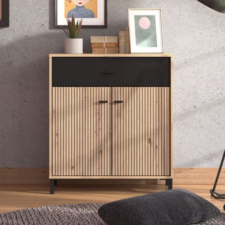 Credenza Marrone Rovere Nodi Nero un Cassetto un Ripiano 80x40x90h cm, Apertura Battente e Scorrevole - Settime