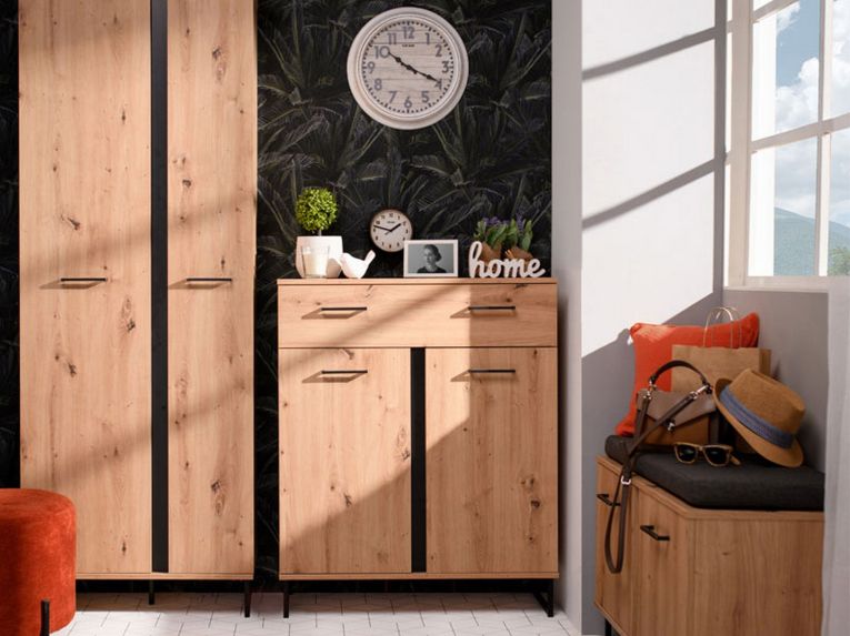 Credenza Marrone Rovere Nodi Nero un Cassetto un Ripiano 85x35x104h cm, Apertura Battente, Scorrevole - Ceredanoo