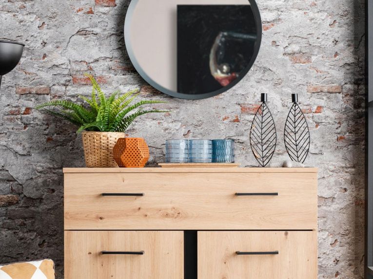 Credenza Marrone Rovere Nodi Nero un Cassetto un Ripiano 85x35x104h cm, Apertura Battente, Scorrevole - Ceredanoo