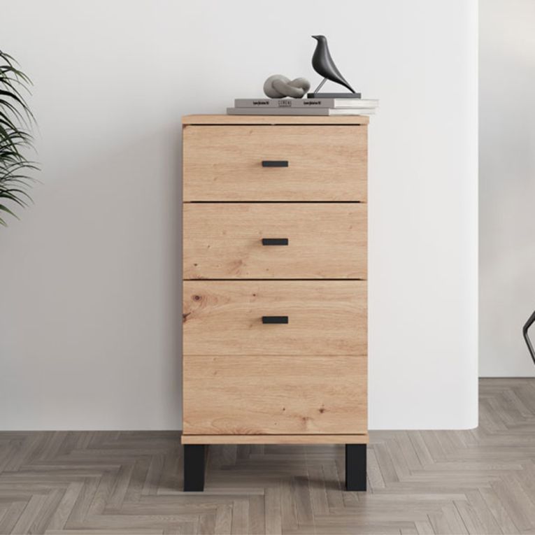 Credenza Marrone Rovere Nodi Nero un Ripiano 3 Cassetti 39x35x78h cm, Apertura Scorrevole - Vilcab