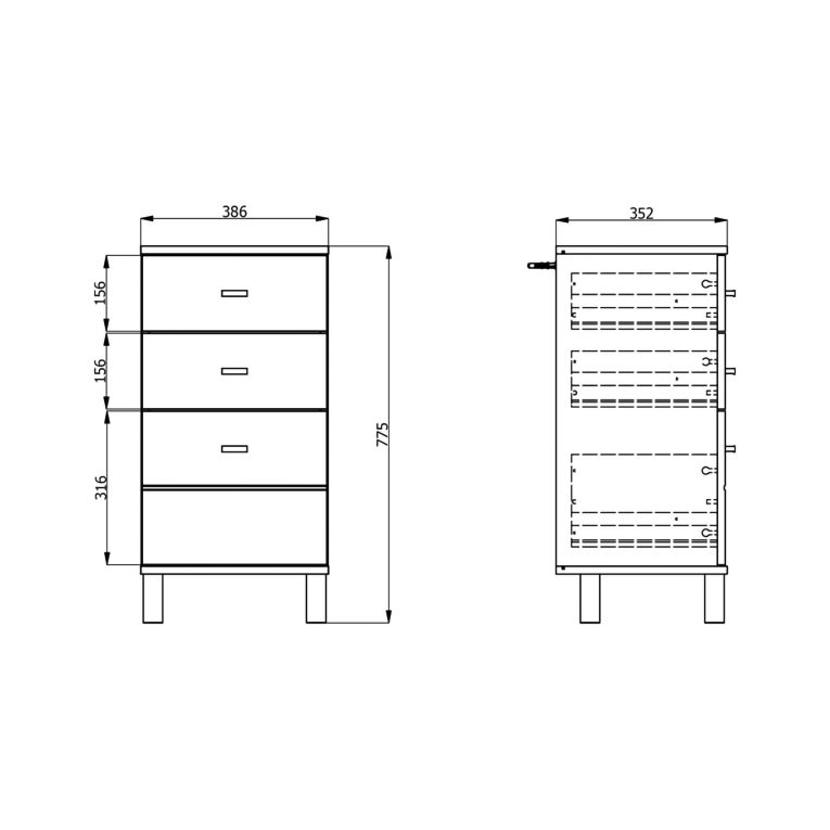 Credenza Marrone Rovere Nodi Nero un Ripiano 3 Cassetti 39x35x78h cm, Apertura Scorrevole - Vilcab