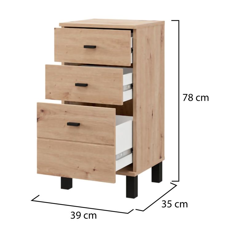 Credenza Marrone Rovere Nodi Nero un Ripiano 3 Cassetti 39x35x78h cm, Apertura Scorrevole - Vilcab