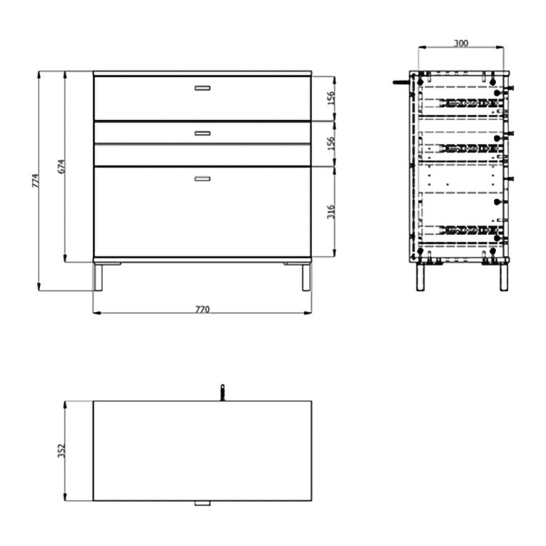 Credenza Marrone Rovere Nodi Nero un Ripiano 3 Cassetti 77x35x78h cm, Apertura Scorrevole - Diani
