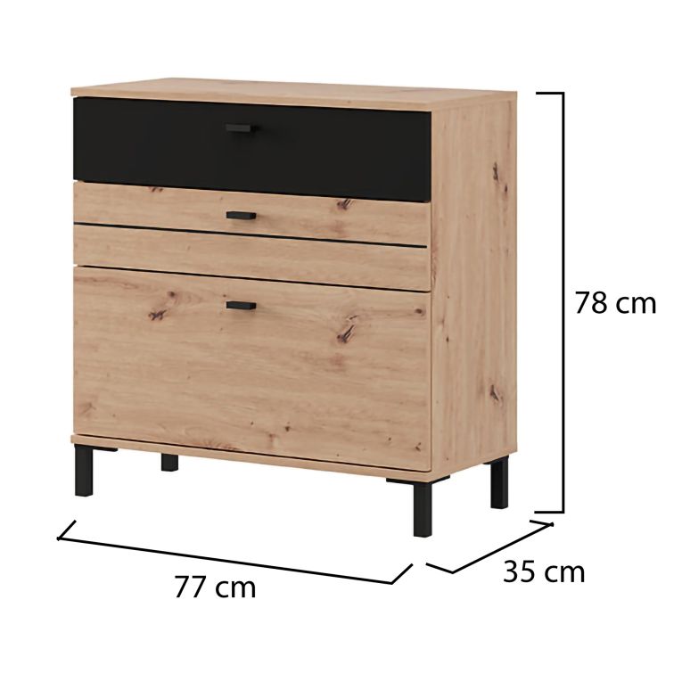 Credenza Marrone Rovere Nodi Nero un Ripiano 3 Cassetti 77x35x78h cm, Apertura Scorrevole - Diani