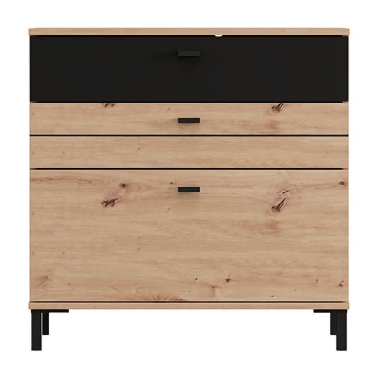 Credenza Marrone Rovere Nodi Nero un Ripiano 3 Cassetti 77x35x78h cm, Apertura Scorrevole - Diani