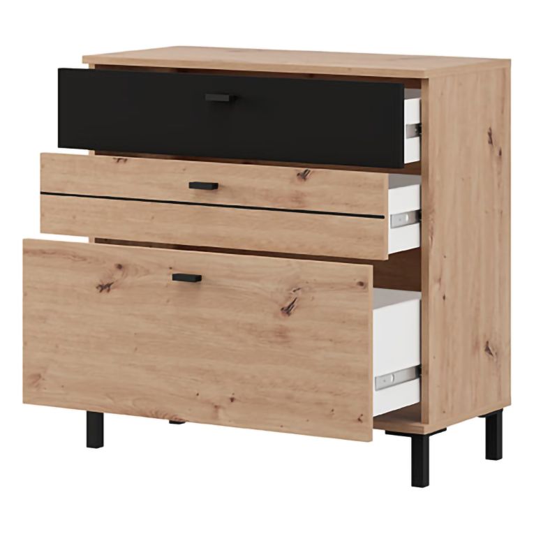 Credenza Marrone Rovere Nodi Nero un Ripiano 3 Cassetti 77x35x78h cm, Apertura Scorrevole - Diani