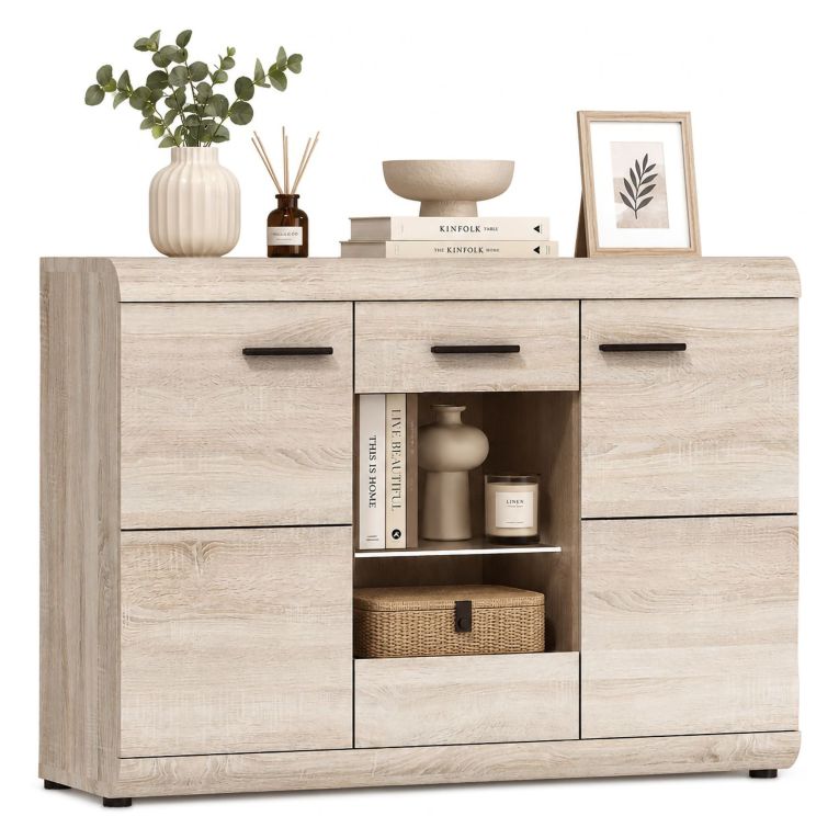 Credenza Marrone Rovere Trasparente 3 Ripiani Apertura Battente 120x42x87h cm, 3 Ante - Hami