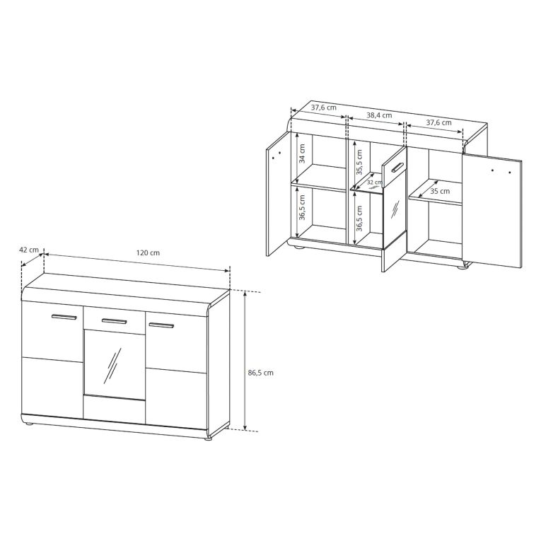 Credenza Marrone Rovere Trasparente 3 Ripiani Apertura Battente 120x42x87h cm, 3 Ante - Hami