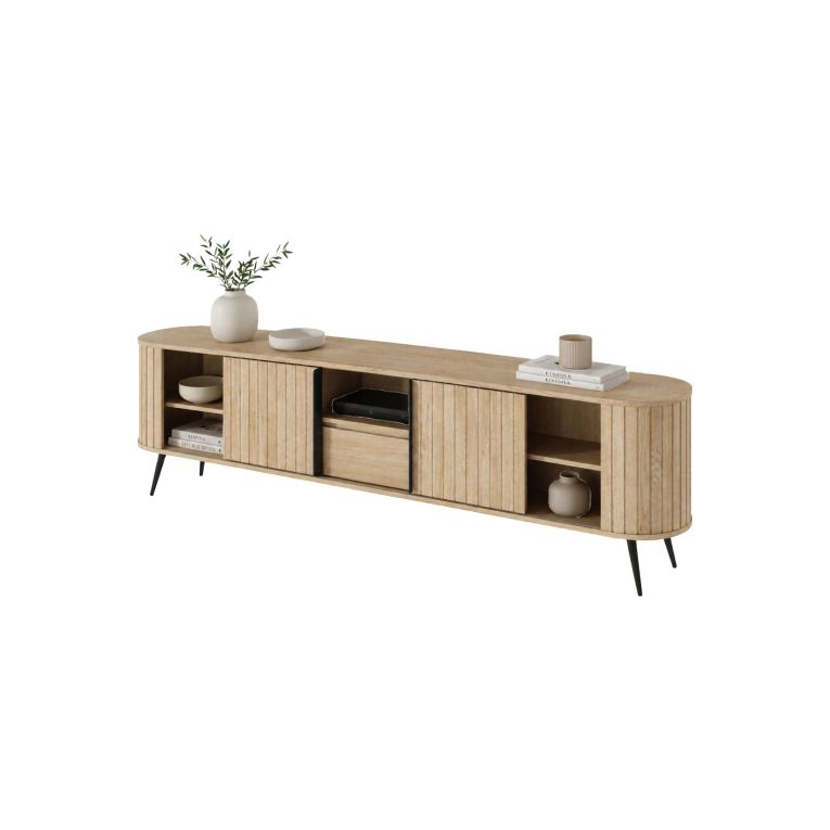 Credenza Marrone Rovere un Cassetto 2 Ripiani 196x40x51h cm, Apertura Battente, Scorrevole - Hanotofa
