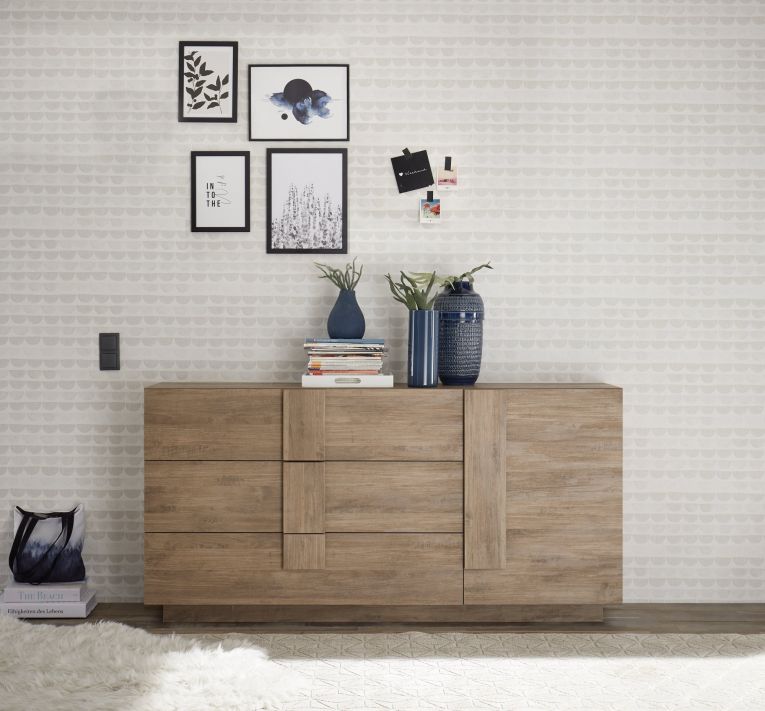 Credenza Marrone Rovere un Ripiano 3 Cassetti 182x44x90h cm, 2 Vani - Minoprio