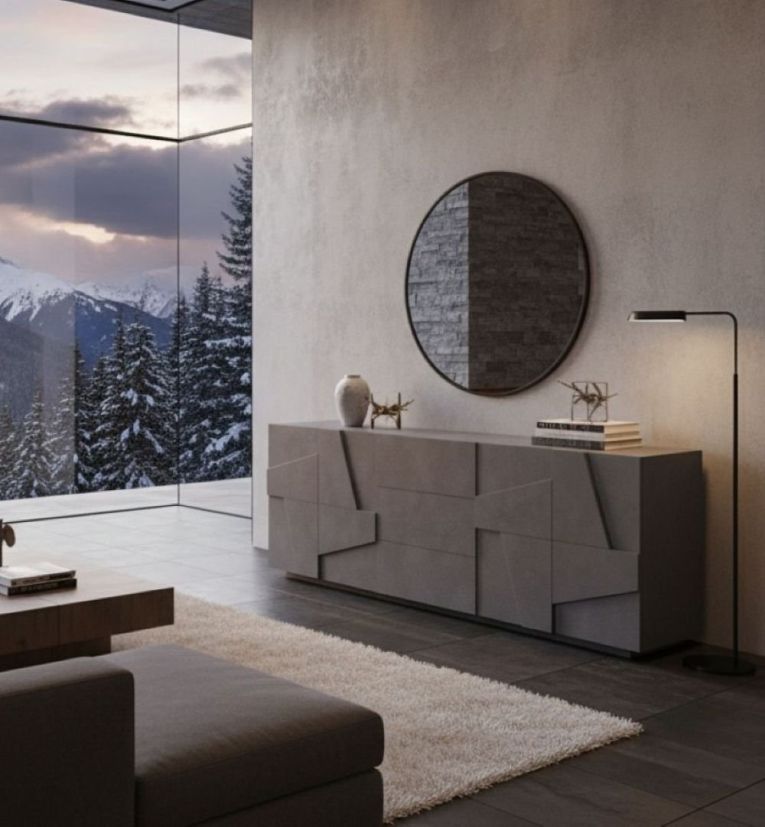 Credenza Mason, Madia da cucina a 4 ante e 3 cassetti, Buffet da soggiorno, 100% Made in Italy, cm 224x44h86, Ardesia