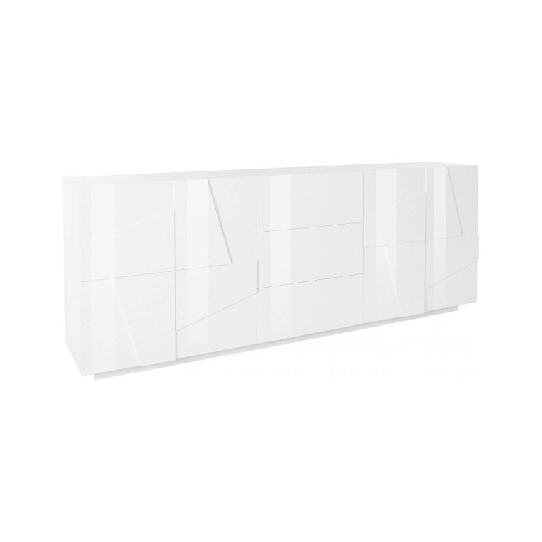 Credenza Mason, Madia da cucina a 4 ante e 3 cassetti, Buffet da soggiorno, 100% Made in Italy, cm 224x44h86, Bianco lucido