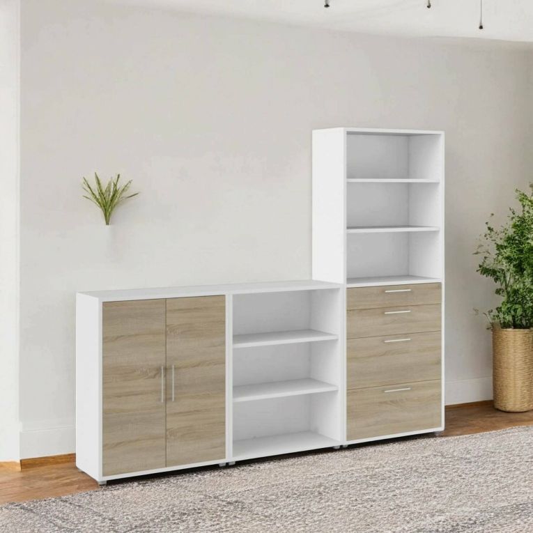 Credenza Maxence, Buffet da soggiorno, Madia da salotto, Dispensa da cucina, 267x40 h222 cm, Bianco e Quercia