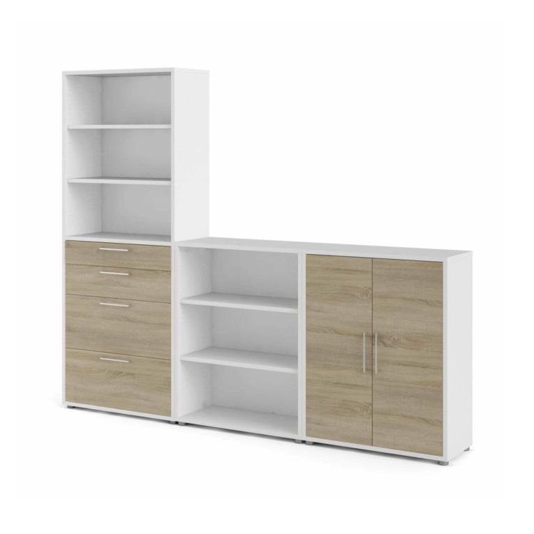 Credenza Maxence, Buffet da soggiorno, Madia da salotto, Dispensa da cucina, 267x40 h222 cm, Bianco e Quercia